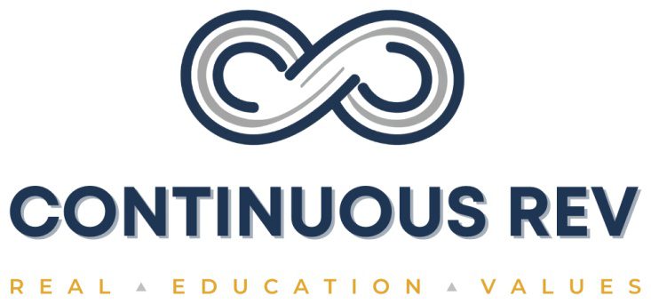 Continuous Rev logo featuring real education values. 